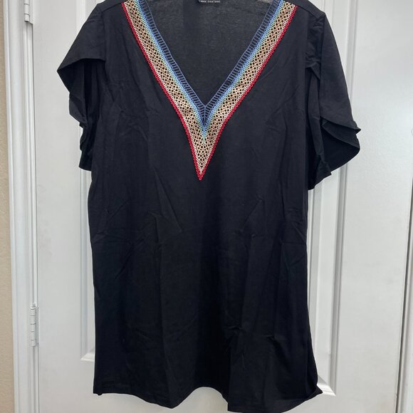 Bloomchic 1X Solid Crochet Lace Ruffle Tiered Sleeve V Neck T-shirt NWT - Picture 11 of 14